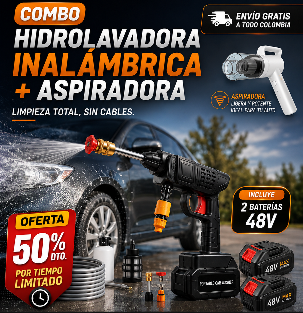 Combo 2 en 1: Hidrolavadora Inalámbrica con 2 Baterías 48V + Aspiradora Portátil | 50% OFF