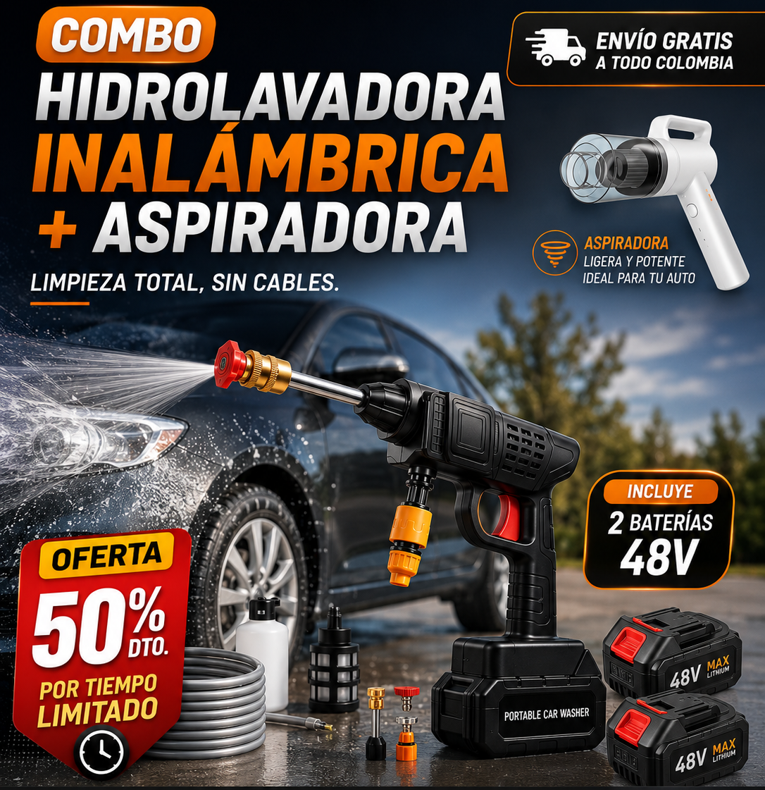 Combo 2 en 1: Hidrolavadora Inalámbrica con 2 Baterías 48V + Aspiradora Portátil | 50% OFF